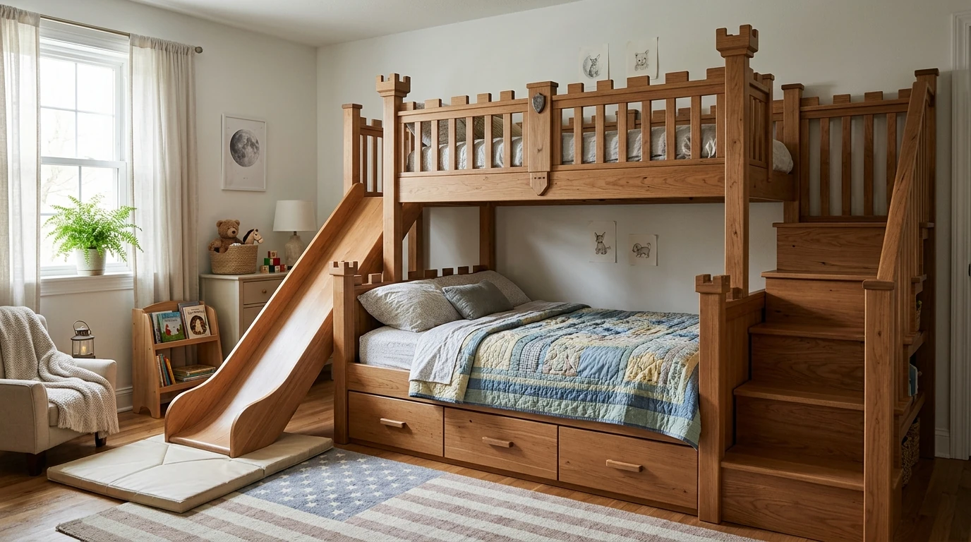 Castle-Style Full-Over-Full Bunk Bed With Slide & Storage