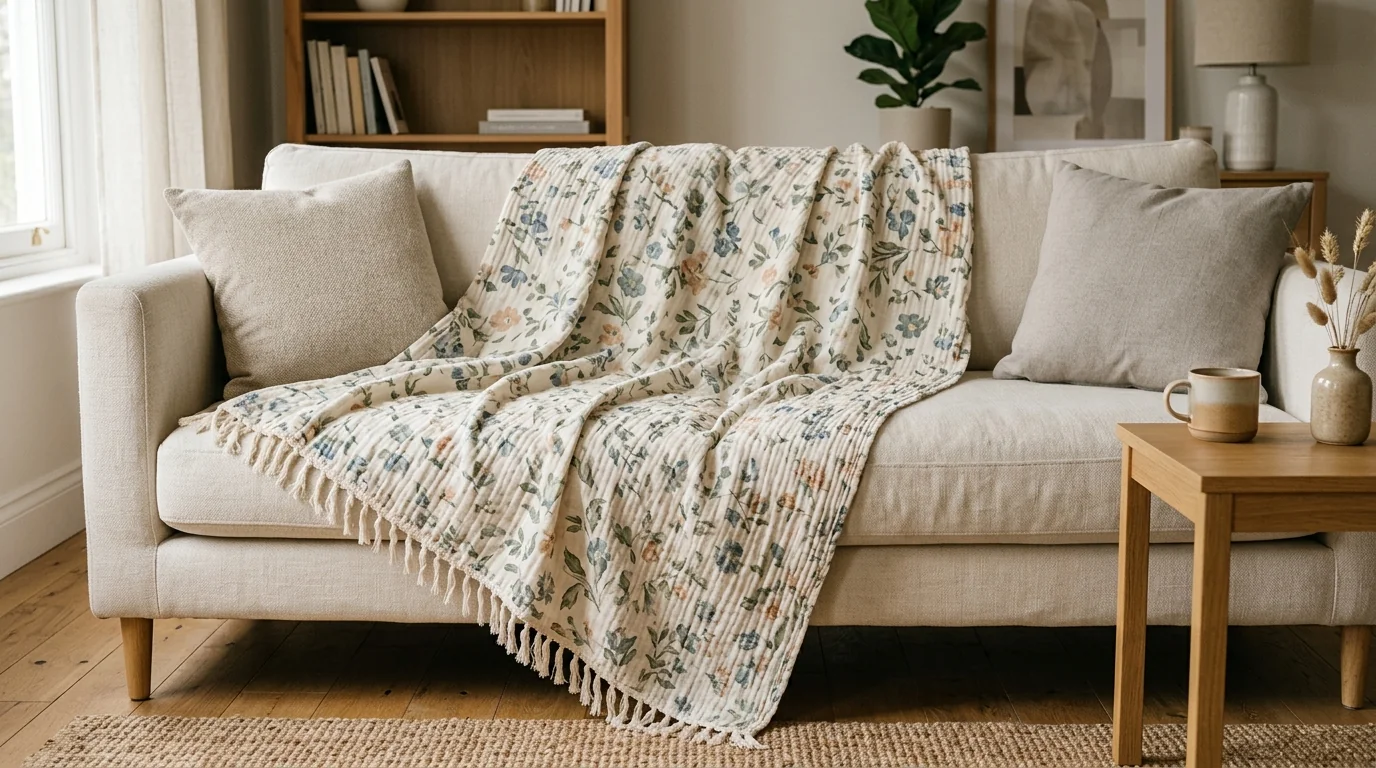 Style Your Sofa: Floral Cotton Gauze Throw with Tassels